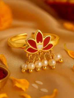 Estele - Adjustable Chic Gold Finish Red Lotus Adjustable Ring with Pearl Drops
