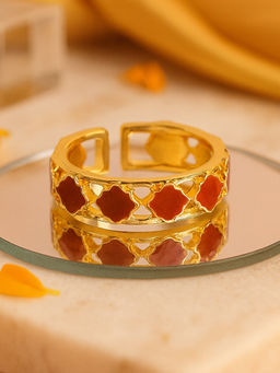 Estele - Adjustable Radiant Gold Finish Red Floral Motif Adjustable Ring