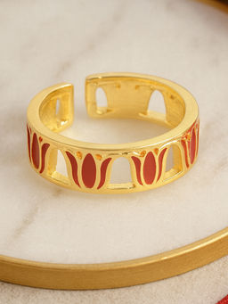Estele - Adjustable Stylish Gold Finish Red Lotus Adjustable Finger Ring