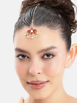 Estele - Graceful Gold Finish Red Lotus Bridal Maangtikka with Pearls