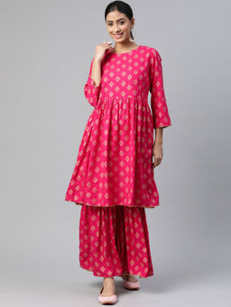 SVARCHI - Rayon Buti Print Flared Kurta Sharara Pink (Set Of 2)