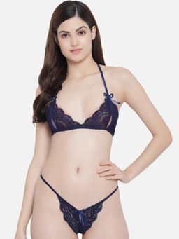 Secrets By ZeroKaata - Women Navy Blue Lace Lingerie Set