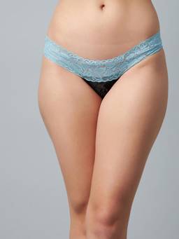 Secrets By ZeroKaata - Women Turquoise Self Design Lace Mini Thong Briefs