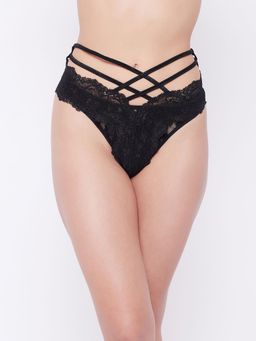 Secrets By ZeroKaata - Women Black Self Design Lace Thong Briefs