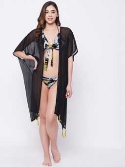 Secrets By ZeroKaata - Multi Print Halter Neck Bikini Set Set With Black Cover Up Dress