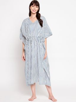 Secrets By ZeroKaata - Pure Cotton Striped Kaftan Long Nightdress For Women White