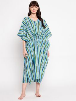 Secrets By ZeroKaata - Pure Cotton Striped Kaftan Long Nightdress For Women Multi-Color