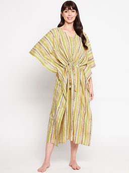 Secrets By ZeroKaata - Pure Cotton Striped Kaftan Long Nightdress For Women Multi-Color