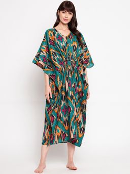 Secrets By ZeroKaata - Pure Cotton Ikkat Printed Kaftan Long Nightdress For Women Multi-Color