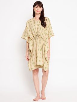 Secrets By ZeroKaata - Pure Cotton Printed Short Kaftan Nightdress For Women Beige