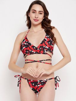 Secrets By ZeroKaata - Women Printed Halter Neck Bikini Set Red