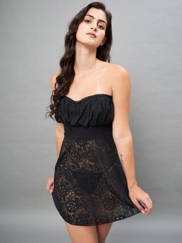 Secrets By ZeroKaata - Women Self Design Strapless Lace Baby Doll Lingerie - Black