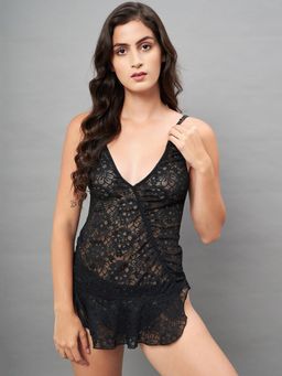 Secrets By ZeroKaata - Women Self Design Lace Baby Doll Lingerie - Black