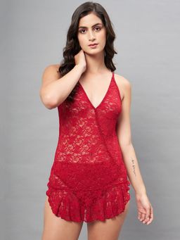 Secrets By ZeroKaata - Women Self Design Lace Baby Doll Lingerie - Red