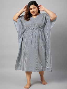 Secrets By ZeroKaata - Striped Plus Size Pure Cotton Kaftan Nightdress For Women-Black