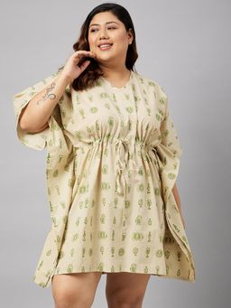 Secrets By ZeroKaata - Printed Plus Size Pure Cotton Kaftan Nightdress For Women-Beige