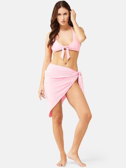 Secrets By ZeroKaata - Women Stretchable Ribbed Halter Swim Bikini Set with Sarong
