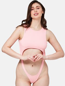 Secrets By ZeroKaata - Women Ribbed Solid Swimwear Bodysuit Pink