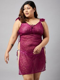 Secrets By ZeroKaata - Women Plus Size Self Design Net Baby Doll Lingerie (Set of 2)