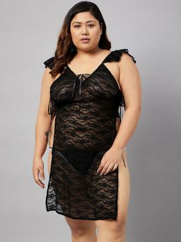 Secrets By ZeroKaata - Women Plus Size Self Design Net Baby Doll Lingerie (Set of 2)