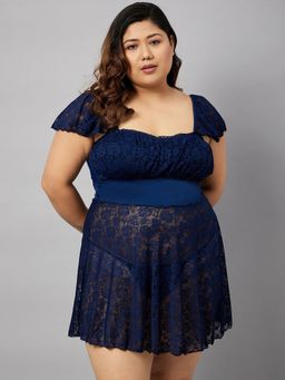 Secrets By ZeroKaata - Women Plus Size Self Design Lace Baby Doll Lingerie (Set of 2)