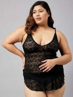 Secrets By ZeroKaata - Women Plus Size Self Design Lace Baby Doll Lingerie (Set of 2)