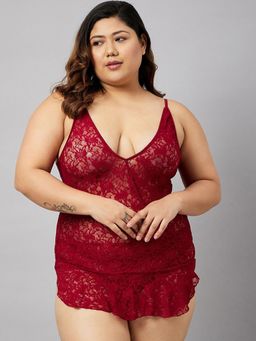Secrets By ZeroKaata - Women Plus Size Self Design Lace Baby Doll Lingerie (Set of 2)
