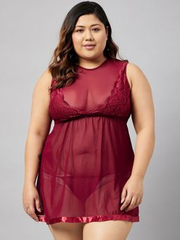 Secrets By ZeroKaata - Women Plus Size Solid Net Baby Doll Lingerie (Set of 2)