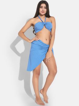 Secrets By ZeroKaata - Women Ribbed Halter Beach Wear Bikini Set with Sarong