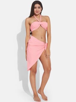 Secrets By ZeroKaata - Women Ribbed Halter Beach Wear Bikini Set with Sarong