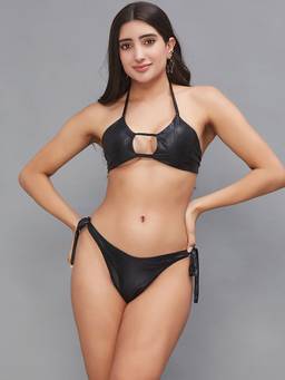 Secrets By ZeroKaata - Women Metallic Halter Beach Wear Swim Bikini Set
