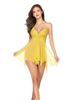 Secrets By ZeroKaata - Women Yellow Self Design Baby Doll Lingerie with Panty (Set of 2)