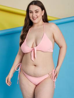 Secrets By ZeroKaata - Pink Plus Size Ribbed Halter Beachwear Swim Bikini (Set of 2)