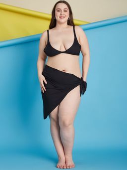Secrets By ZeroKaata - Black Plus Size Ribbed Swim Bikini Top with Panty & Sarong (Set of 3)