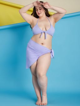 Secrets By ZeroKaata - Purple Plus Size Ribbed Swim Bikini Top with Panty & Sarong (Set of 3)