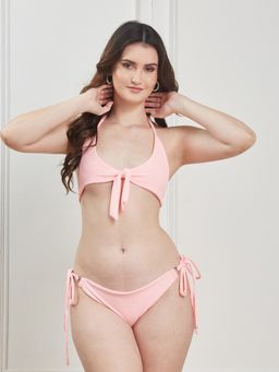 Secrets By ZeroKaata - Pink Stretchable Ribbed Halter Swim Bikini Top with Bottom