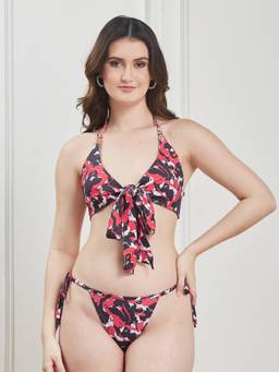 Secrets By ZeroKaata - Multi-Color Printed Halter Beachwear Swim Bikini Top with Bottom for Women
