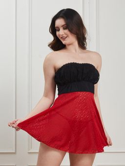 Secrets By ZeroKaata - Women Red Self Design Strapless Lace Baby Doll and Thong Brief