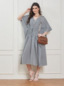 Secrets By ZeroKaata - Women White and Blue Striped Pure Cotton Kaftan Nightdress