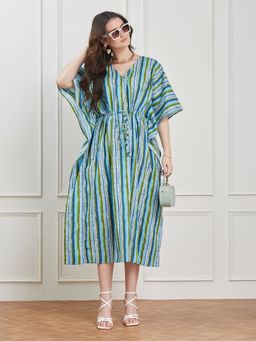 Secrets By ZeroKaata - Women Blue Striped Pure Cotton Kaftan Nightdress