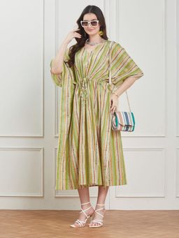 Secrets By ZeroKaata - Women Green Striped Pure Cotton Kaftan Nightdress