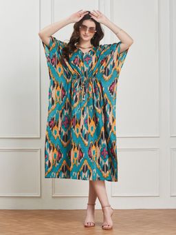 Secrets By ZeroKaata - Women Blue Printed Pure Cotton Kaftan Nightdress