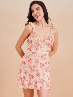 Secrets By ZeroKaata - Printed Sheer Nightwear Baby Doll With Thong For Women Pink