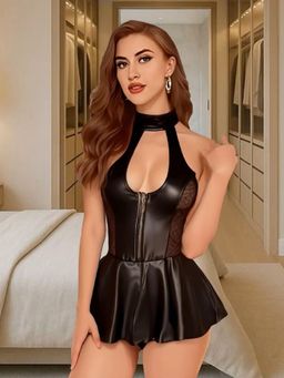 Secrets By ZeroKaata - Solid Nightwear Babydoll With Thong Black