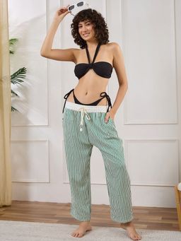 Secrets By ZeroKaata - Women Ribbed Halter Green Swim Bikini Set with Striped Pant