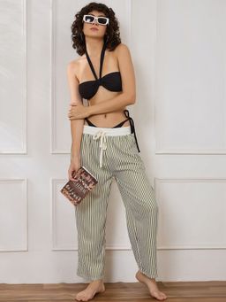 Secrets By ZeroKaata - Women Ribbed Halter Olive Swim Bikini Set with Striped Pant