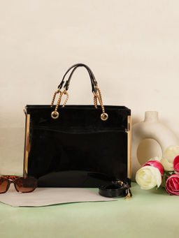 Fabbhue - Women's Black Shinning Patent Handheld Bag