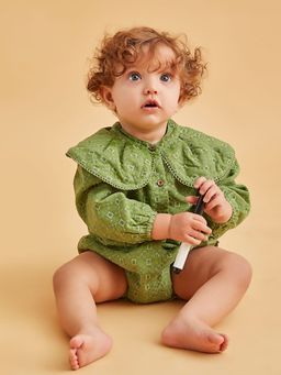 FURR BALLS - Girls Green Embroidered Romper with Cap (Set of 2)