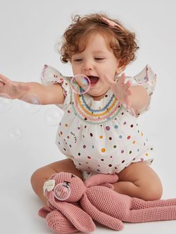 FURR BALLS - Girls Off White Printed Romper