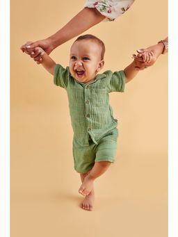 FURR BALLS - Boys Green Solid Shirt with Shorts (Set of 2)